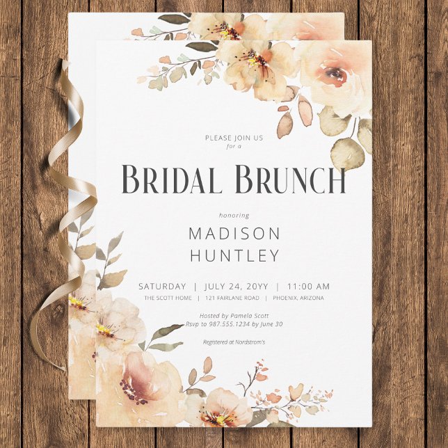 Rustic Champagne Cream Blommigt Möhippa Brunch Inbjudningar (Rustic Champagne Cream Floral Bridal Brunch Invitation)