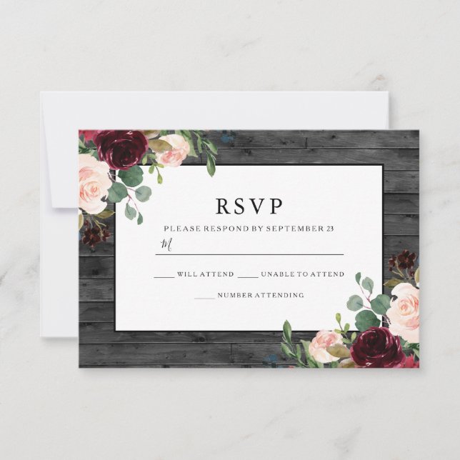 Rustic Charcol Burgundy Flowers Elegant bröllop OSA Kort (Framsida)