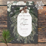 Rustic Charcol Gräs Winter Gnistra Bröllop Spara Datumet<br><div class="desc">Den här designen har en rustik grönt gräs och pineconbukett på en mjuk, svart bakgrund med vita blommor. Den accentueras med en vit gnistra övertäckning för att illustrera magin i de vackra vinterhelgdagarna. Perfekt till jul- eller vinterbröllop. Kortet är en del av Rustic Tan Gräs Winter Gnistra Bröllop Suite som...</div>
