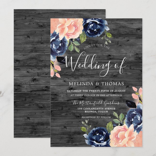 Rustic Charcol  & Navy Blåa blommor Bröllop Inbjudningar (Fram/baksida)