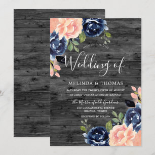 Rustic Charcol & Navy Blåa blommor Bröllop Inbjudningar