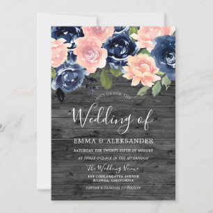 Rustic Charcol & Navy Blommigt Bröllop Inbjudningar