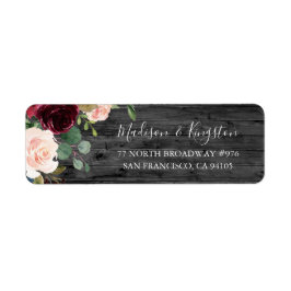 Rustic Charcol Wood Burgundy Red Vin Bröllop Returadress Etikett