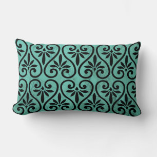 Rustic Charm Aqua and Black Blommigt Swirls Grunge Lumbarkudde