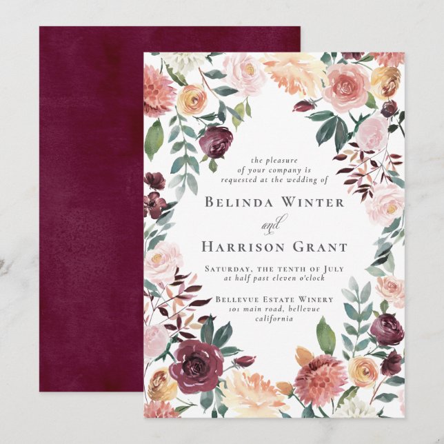 Rustic Charm Burgundy  Blommigt Garden Wedding Inbjudningar (Fram/baksida)