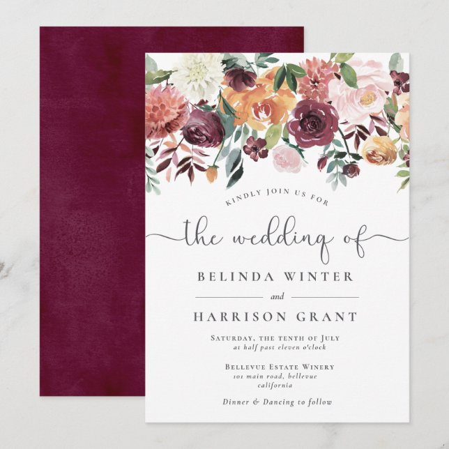 Rustic Charm Burgundy  Blommigt Släpp Bröllop Inbjudningar (Fram/baksida)