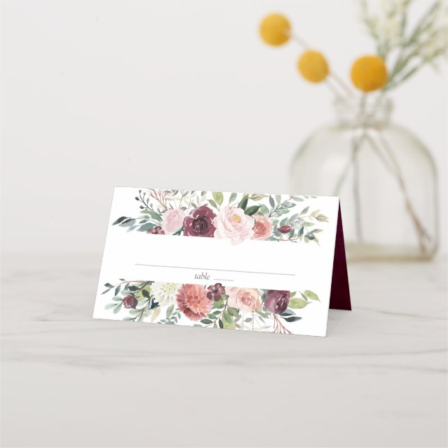 Rustic Charm Burgundy  Rosa Blommigt Bröllop Placeringskort (Framsida)