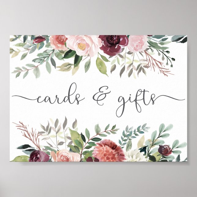 Rustic Charm Burgundy  Rosa Blommigt Bröllop Poster (Framsidan)