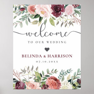 Rustic Charm Burgundy Rosa Blommigt Bröllop Poster