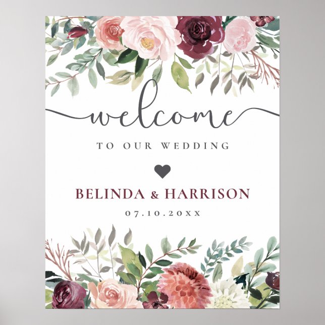 Rustic Charm Burgundy  Rosa Blommigt Bröllop Poster (Framsidan)