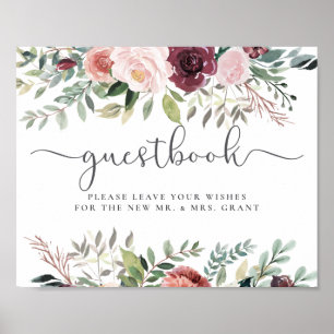Rustic Charm Burgundy Rosa Blommigt Bröllop Poster
