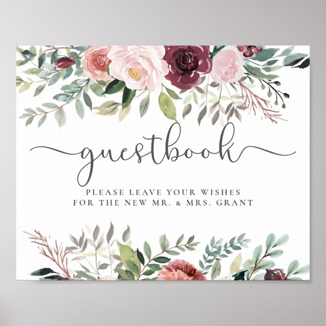 Rustic Charm Burgundy  Rosa Blommigt Bröllop Poster (Framsidan)