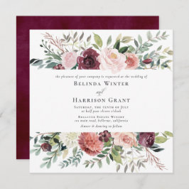 Rustic Charm Burgundy Rosa SQ Blommigt Bröllop Inbjudningar