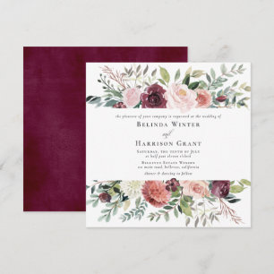 Rustic Charm Burgundy Rosa SQ Blommigt Bröllop Inbjudningar