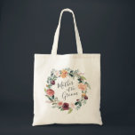 Rustic Charm | Mor i Groom Tygkasse<br><div class="desc">Klassisk charm bröllop-påse med vattenfärgad bukett av krysanthemum,  ro och botaniskt löv som omger ord "Groomens Mor". Idealisk om du planerar en bröllop under höst- eller vintermånaderna. Idealisk present till mor i brudgummen.</div>