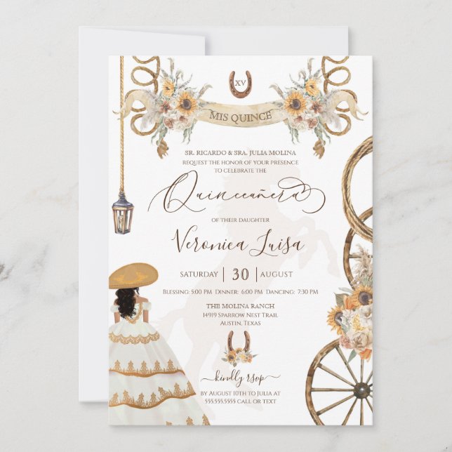 Rustic Charro Blommigt Boho Land Quinceanera Inbjudningar (Framsida)