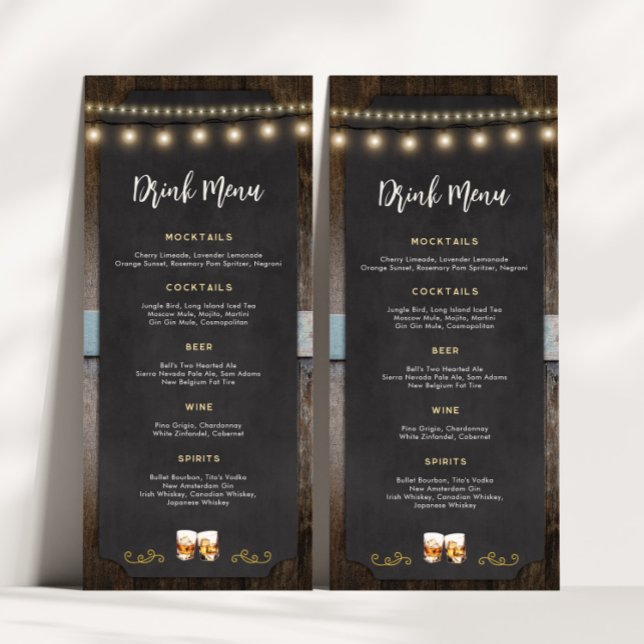 Rustic Cheers Whiskey Shot ThLED 4x9 Drink Menu Meny (Rustic Cheers Whiskey Shot Themed Drink Menu)