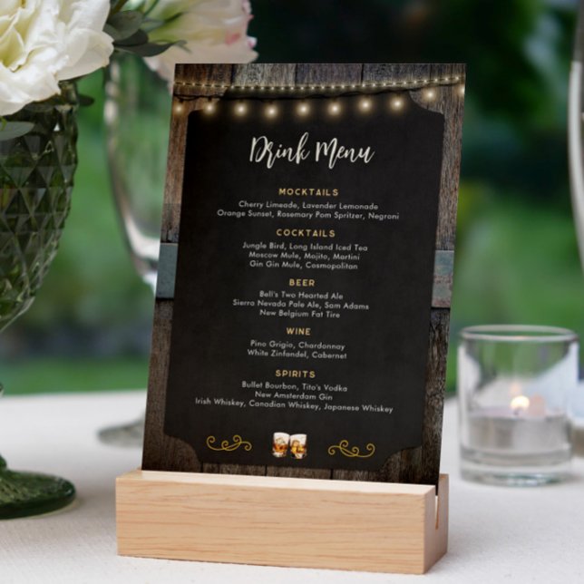 Rustic Cheers Whiskey Shot Thned 5x7 Drink Menu Meny (Rustic Cheers Whiskey Shot Themed Drink Menu)