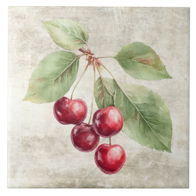 Rustic Cherries Watercolor Fruit Kakelplatta (Framsidan)