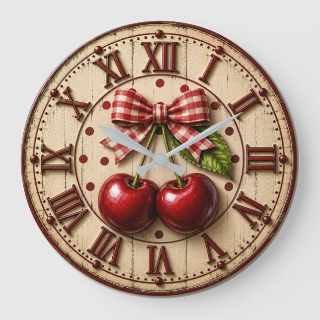 Rustic Cherry Gingham Bow  Farmhouse Kitchen Stor Klocka (Framsida)