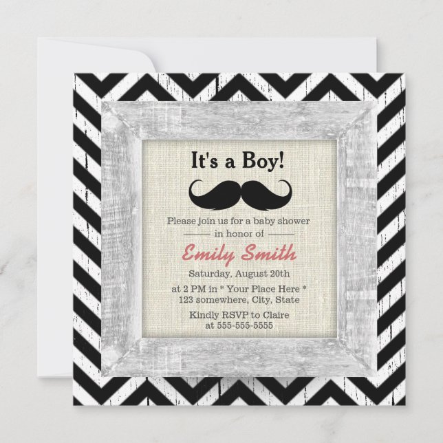 Rustic Chevron Rand Mustache Boy Shower Inbjudningar (Framsida)