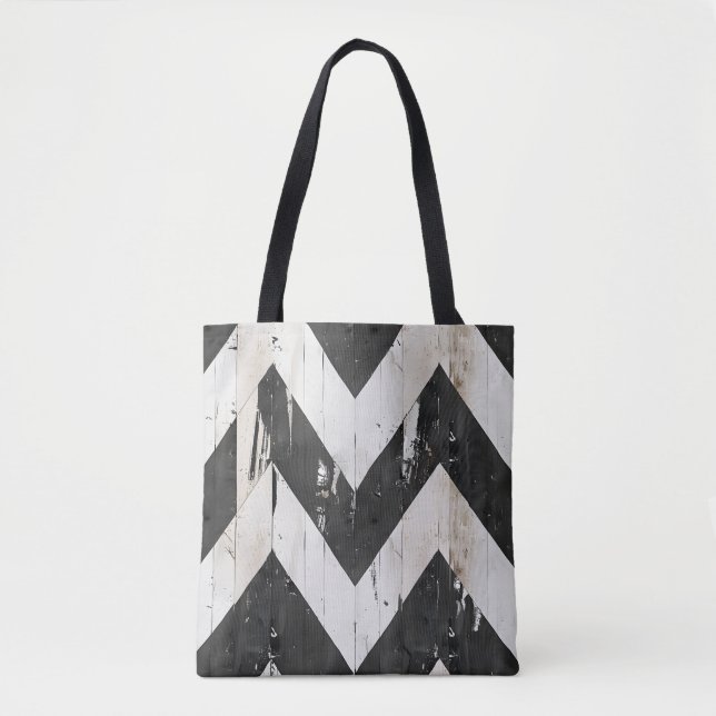 Rustic Chevron Tote Bag - Black & White Distress Tygkasse (Framsida)