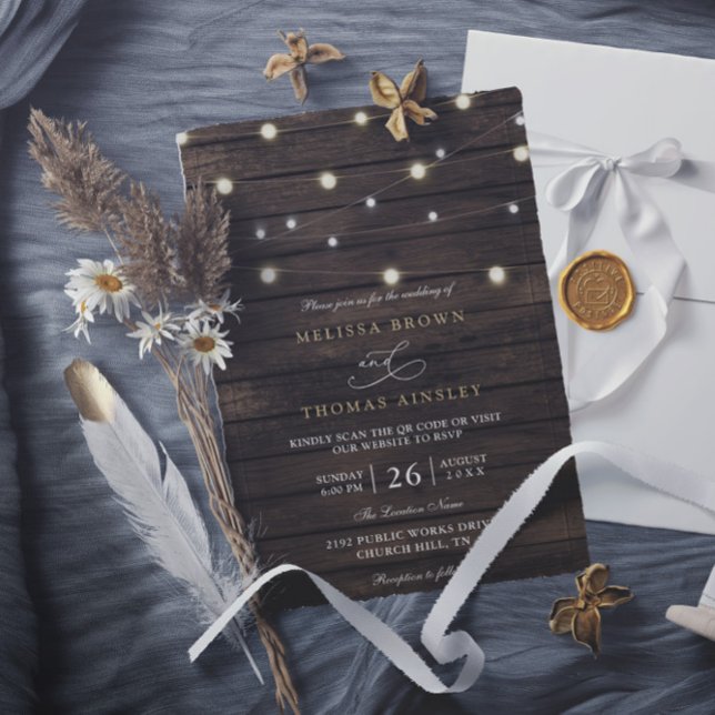 Rustic Chic Barn Wood Elegant QR Code Wedding Inbjudningar (Skapare uppladdad)