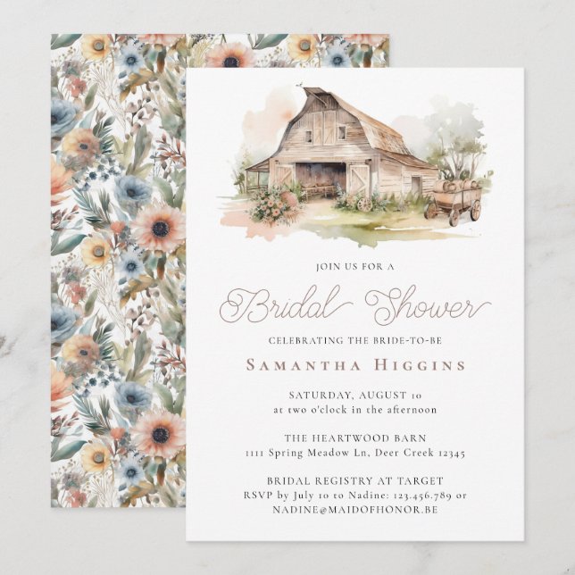 Rustic Chic Blommigt Farmhouse Barn Möhippa Inbjudningar (Fram/baksida)