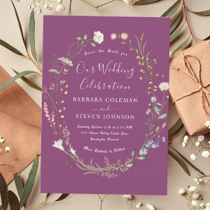 Rustic Chic Boho WildblommBerry Lila Bröllop Inbjudningar