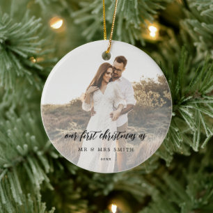 Rustic Chic Bröllop Photo Newlyweds Julgransprydnad Keramik