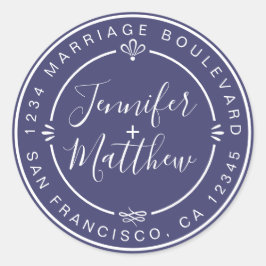 Rustic Chic Bröllop Returadress, marinblå klass Runt Klistermärke