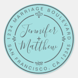 Rustic Chic Bröllop Returadress Turquise Runt Klistermärke