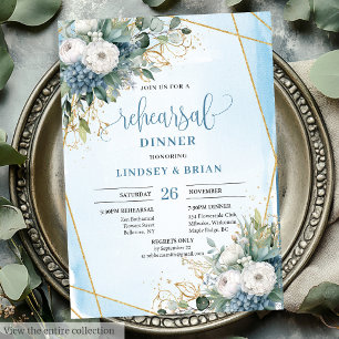 Rustic Chic Dusty Blue Greenery Guld Rehearsal Inbjudningar
