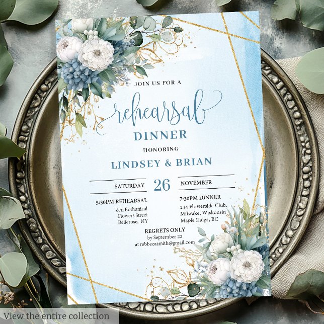 Rustic Chic Dusty Blue Greenery Guld Rehearsal Inbjudningar (Rustic Chic Dusty Blue Greenery Gold Rehearsal Invite)