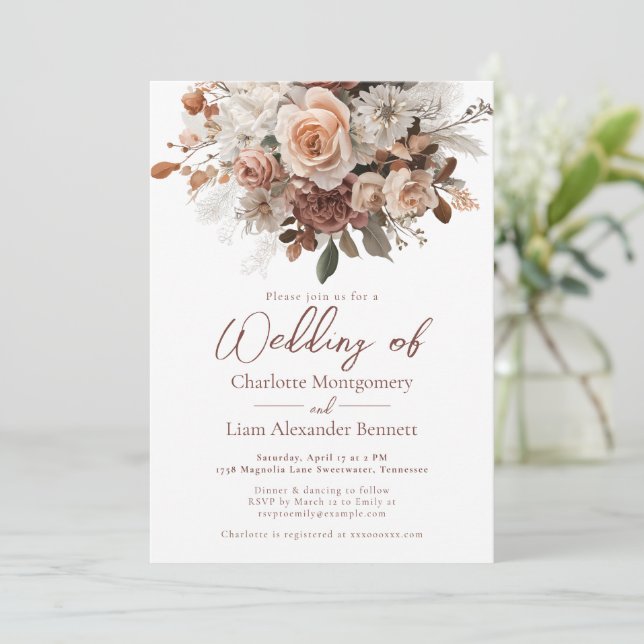 Rustic Chic Elegant Boho Blush Floral Wedding Inbjudningar (Stående Fram)