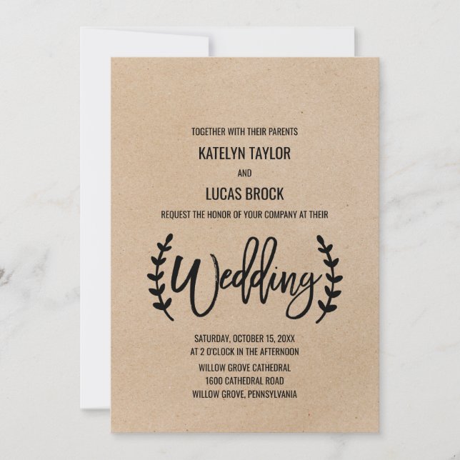 Rustic Chic Faux Kraft Calligraphy Bröllop Inbjudningar (Framsida)