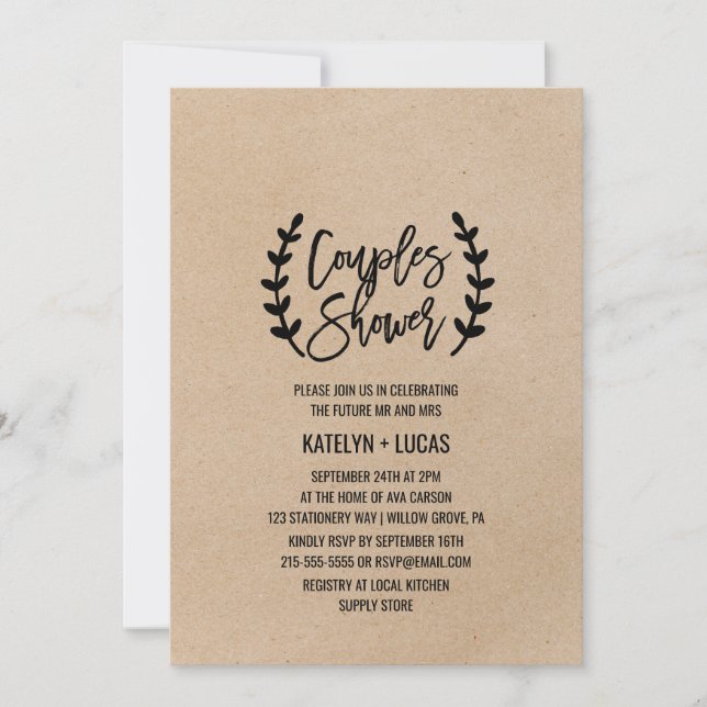 Rustic Chic Faux Kraft Calligraphy Par Shower Inbjudningar (Framsida)
