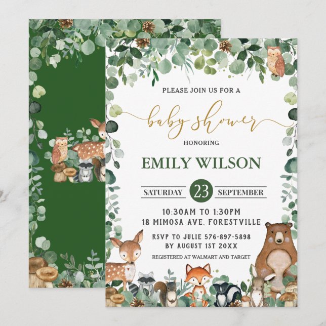 Rustic Chic Greenery Woodland Animals Baby Shower Inbjudningar (Fram/baksida)