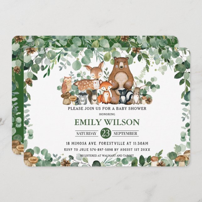 Rustic Chic Greenery Woodland Animals Baby Shower Inbjudningar (Fram/baksida)