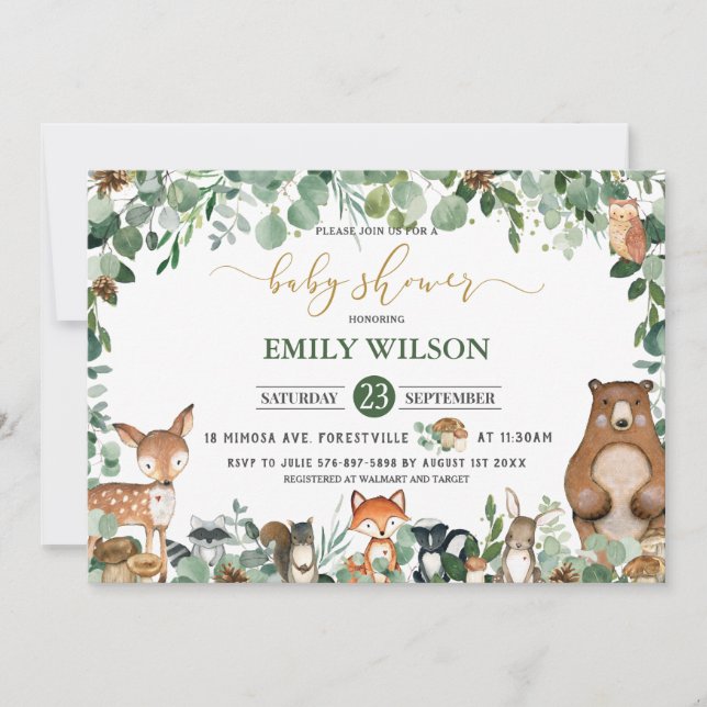 Rustic Chic Greenery Woodland Animals Baby Shower Inbjudningar (Framsida)