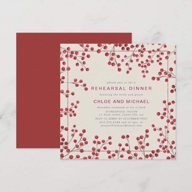 Rustic Chic Red Berry Winter Wedding Rehearsal Inbjudningar (Fram/baksida)