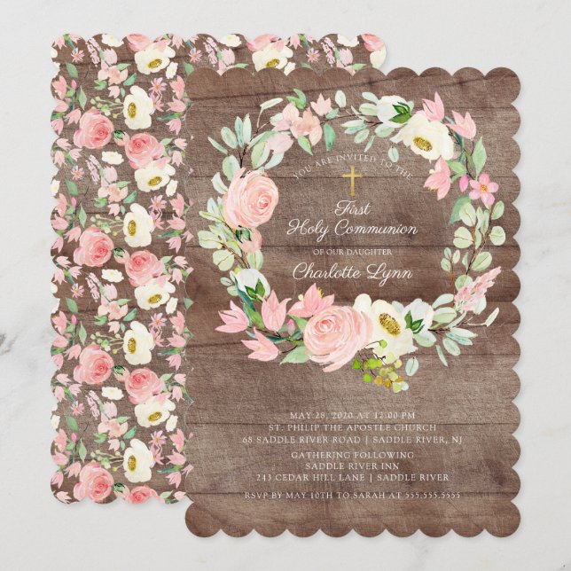 Rustic Chic  Rosa Blommigt First Communion Inbjudningar (Fram/baksida)