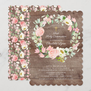 Rustic Chic Rosa Blommigt First Communion Inbjudningar