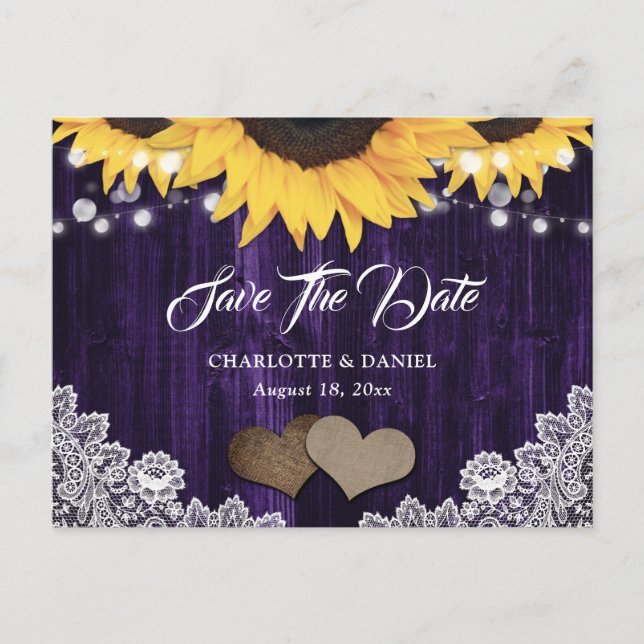 Rustic Chic Sunflower Purple Wedding Save The Date Meddelande Vykort (Framsida)