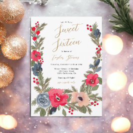 Rustic chic Winter Blommigt Watercolor Sweet 16 Inbjudningar