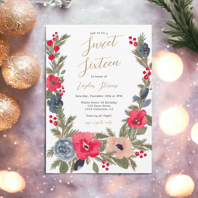 Rustic chic Winter Blommigt Watercolor Sweet 16 Inbjudningar (Rustic chic Winter Floral Watercolor Sweet 16 Invitation)