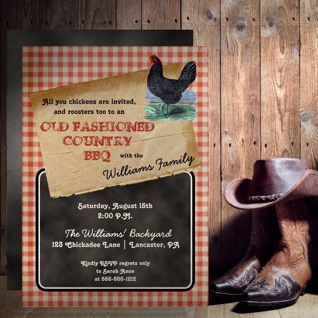 Rustic Chicken Backyard Cookout BBQ Picnic Inbjudningar (Rustic Chicken Backyard Cookout BBQ Picnic Invitation)
