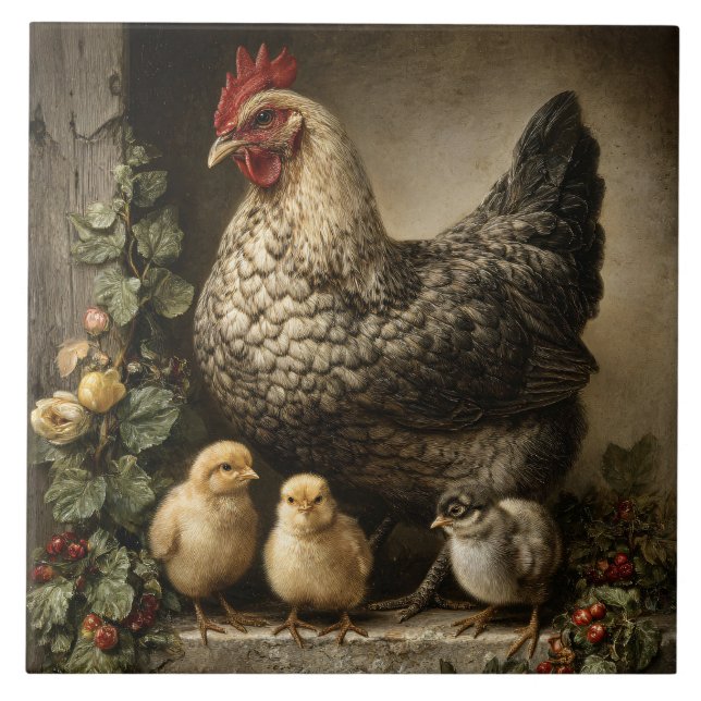 Rustic Chicken Hen with Chicks Kakelplatta (Framsidan)