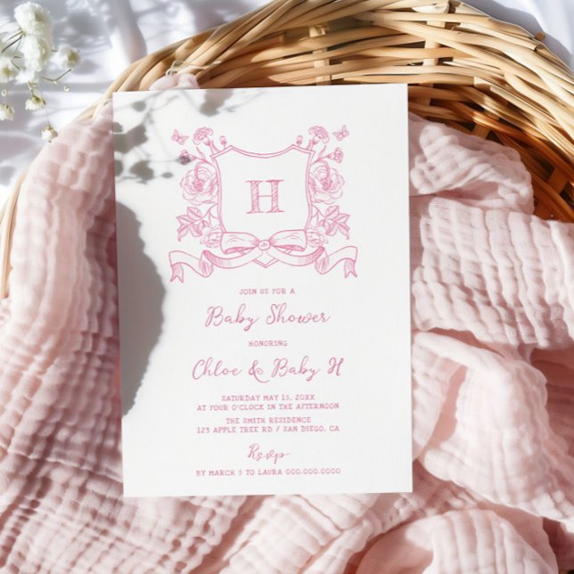 Rustic Chinoiserie Bow Blommigt Vapensköld Baby Sh Inbjudningar (Skapare uppladdad)