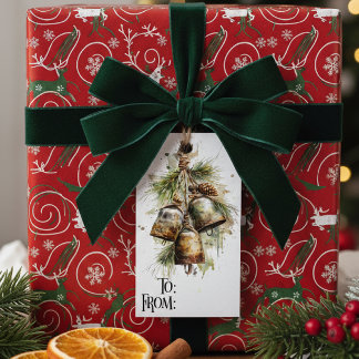 Rustic Christmas Bell Pine Gift Tag Presentetikett